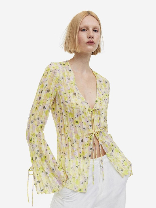 H&M Tops - Like new! H&M Yellow/Green/Lavender Floral Tie-Front Blouse